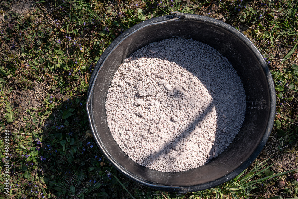 Plastic bucket with organic fertilizer in the garden. Plastic bucket with organic fertilizer in the garden.