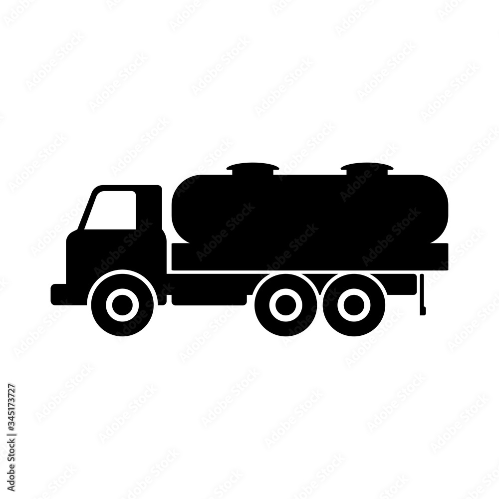 Old fuel truck icon. Side view. Black silhouette. Vector graphic illustration. Isolated object on a white background. Isolate.