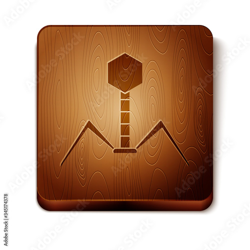 Brown Bacteria bacteriophage icon isolated on white background. Bacterial infection sign. Microscopic germ cause diseases concept. Wooden square button. Vector Illustration