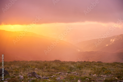 Beautiful view from the top of Lousa mountain in the North of Portugal at sunset