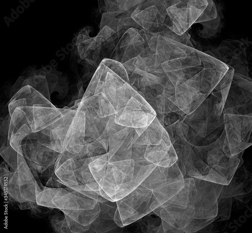 Abstract translucent shapes on a black background. Abstract fractal  monochrome background generated by computer. 3d rendering.