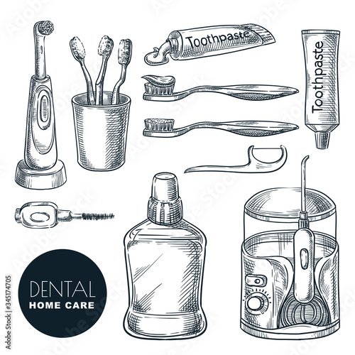 Teeth and mouth home care supplies set. Hand drawn sketch vector illustration. Dental hygiene and prevention of caries.