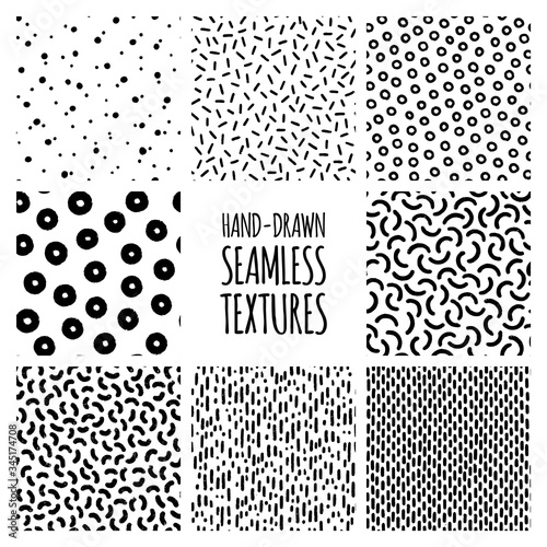 Set of hand-drawn seamless black and white textures with dots, circles, semicircles, lines and dashed strokes. Vector repeat patterns.