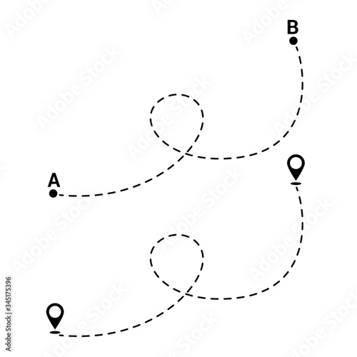 Location route A to B, start o finish. Simple ashed line trace and walking routes isolated on white background. Symbol of route. Thin line icon of symbols. Premium mono linear destination set.