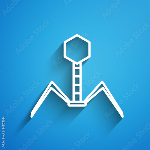 White line Bacteria bacteriophage icon isolated on blue background. Bacterial infection sign. Microscopic germ cause diseases concept. Long shadow. Vector Illustration