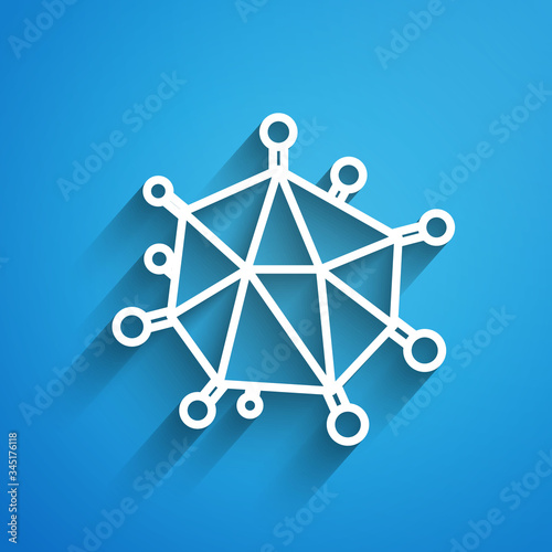 White line Virus icon isolated on blue background. Corona virus 2019-nCoV. Bacteria and germs, cell cancer, microbe, fungi. Long shadow. Vector Illustration