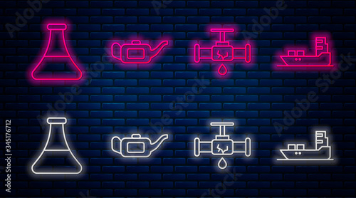 Set line Canister for motor oil, Broken pipe with leaking water, Oil petrol test tube and Oil tanker ship. Glowing neon icon on brick wall. Vector