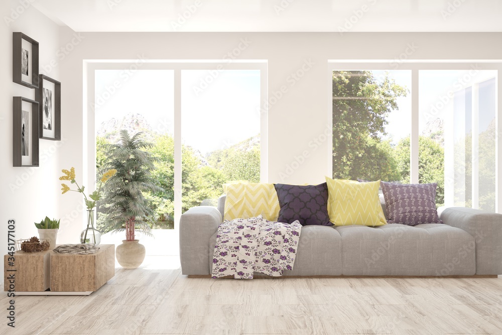 Fototapeta premium White minimalist living room with sofa. Scandinavian interior design. 3D illustration