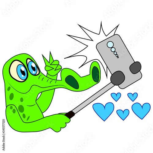 A cute crocodile takes a selfie. Peace sign. A crocodile blogger who broadcasts live and gets likes. Vector animal character with smartphone. Stock character for children's illustrations, stickers.