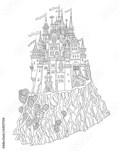 Fantasy landscape with Fairy tale medieval castle on a hill, old houses, middle age buildings. T-shirt print. Album cover, card. Coloring book page for adults and children. Black and white