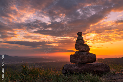 Rock Cairn at a colorful Sunset