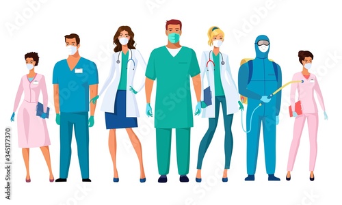 Hero hospital staff fighting the virus. Thanks to the medical team during the coronavirus epidemic.  Vector illustration.