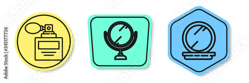Set line Perfume, Round makeup mirror and Makeup powder with mirror. Colored shapes. Vector