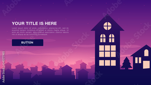 Vector flat illustration sunset houses on village landscape view. Stay at home quarantine motivational illustration. Self isolation social distance virus prevention. Banner, website, landing page