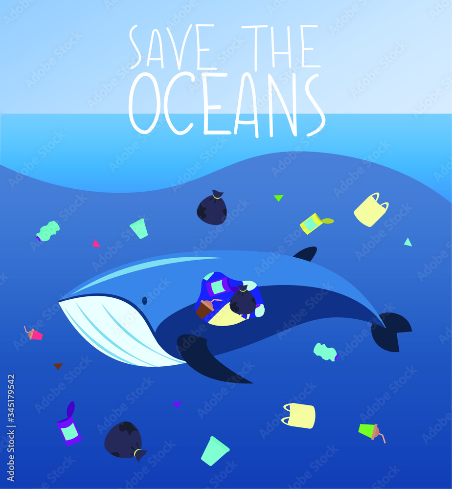 Safe the ocean. Plastic garbage in the water, animals are killed by humans. Vector illustration. 
