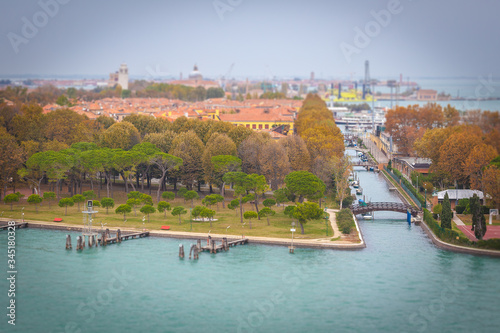 Tilt shift effect of autumn-colored Biennale gardens, Venice, Italy