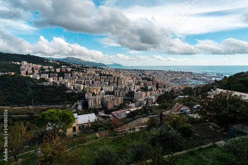 Panoramic view of Genoa from the top of a hill