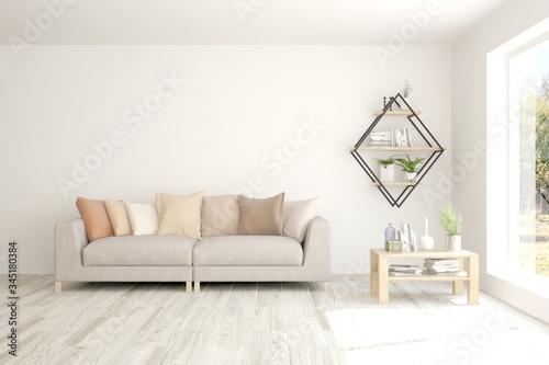 White living room with sofa. Scandinavian interior design. 3D illustration