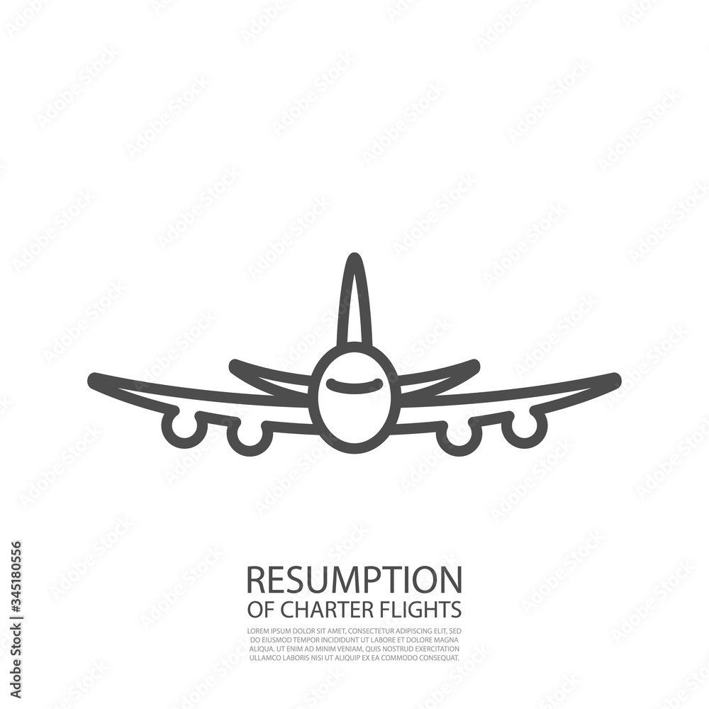Simple linear icon of a plane with a grey outline. Front view. With the caption 