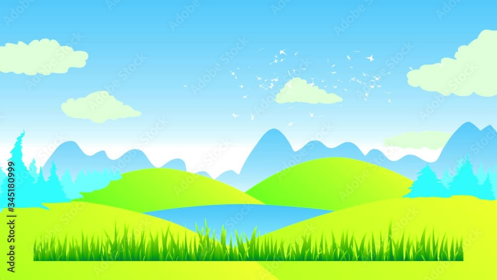 scenic view illustration design with green hills under a clean blue sky with conifer woods and big shadows of mountains in the horizon and a layer of grass in front with mini ornament scenic view illustration design with green hills under a clean blue sky with conifer woods and big shadows of mountains in the horizon and a layer of grass in front with mini ornament