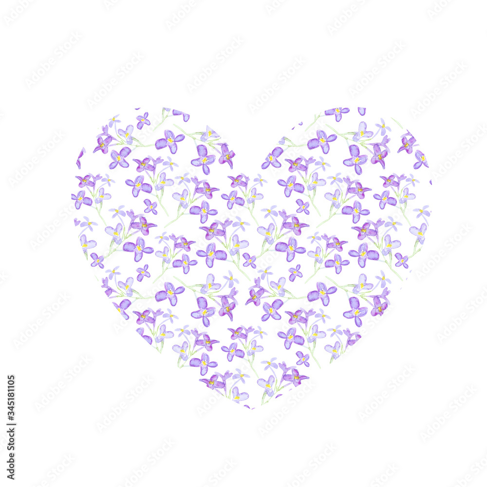 heart with a floral watercolor pattern isolated on a white background. love symbol. For design card, poster, sticker, icon. flowers, spring summer