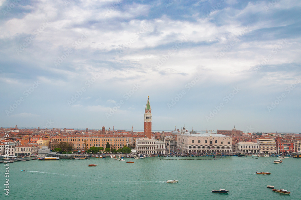 Aerial panorama of San Marco square with boat traffic, Venice, Italy. Concept: historic Italian places, evocative and little-known views of Venice