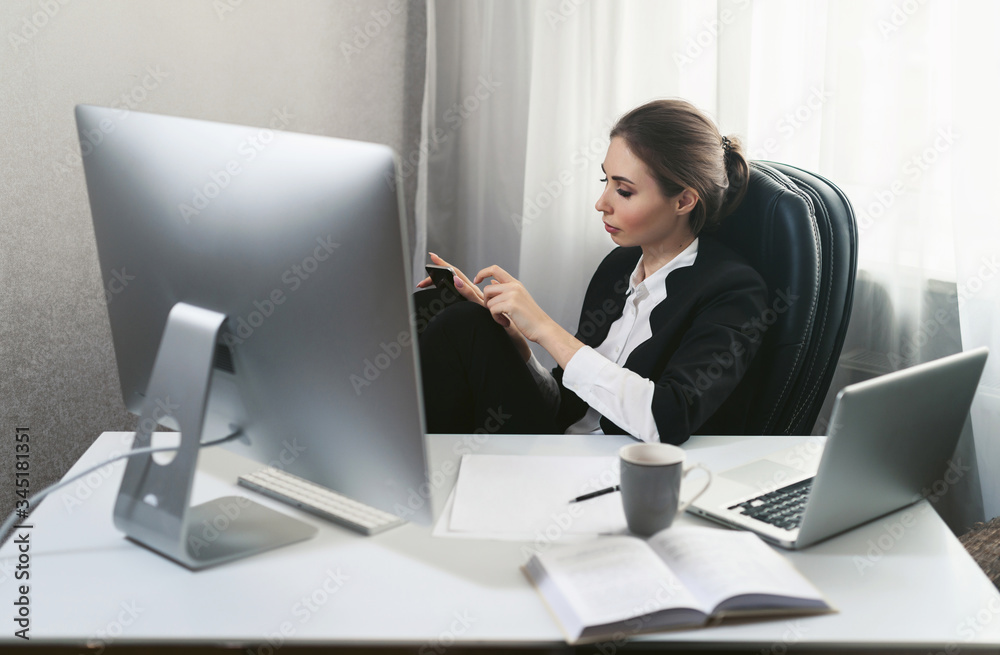 Tired lazy woman office worker loafing at workplace. Boring work in the office. Tired lazy woman office worker loafing at workplace. Boring work in the office.