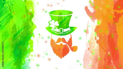 st patricks day design with irish leprechaun wearing long hat covering his eyes smoking a pipe between orange mustache and beard over a watercolor flag background