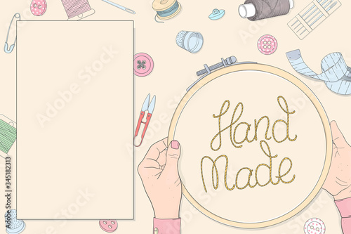 Women's hands and embroidery hoops with creative lettering. Template.