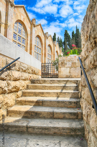 Stairs near church of All Nations also known as the Basilica of the Agony. It is a Roman catholic church located on the Mount of Olives, Jerusalem, Israel