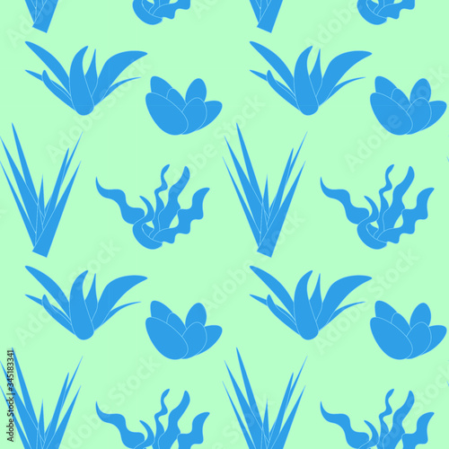 Seamless pattern with grass and algae. mint background and pigeon abstraction. print for fabric. design of bed linen, towels, napkins, wrappers. vector eps 10