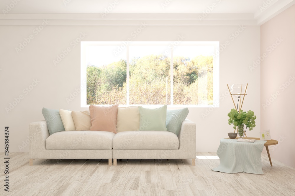 Fototapeta premium Stylish room in white color with sofa and autumn landscape in window. Scandinavian interior design. 3D illustration