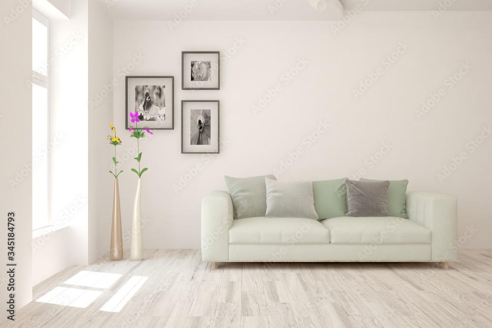 White living room with sofa. Scandinavian interior design. 3D illustration White living room with sofa. Scandinavian interior design. 3D illustration