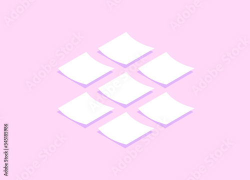 Square white sticky notes on pink background. Minimalist isometric illustration.