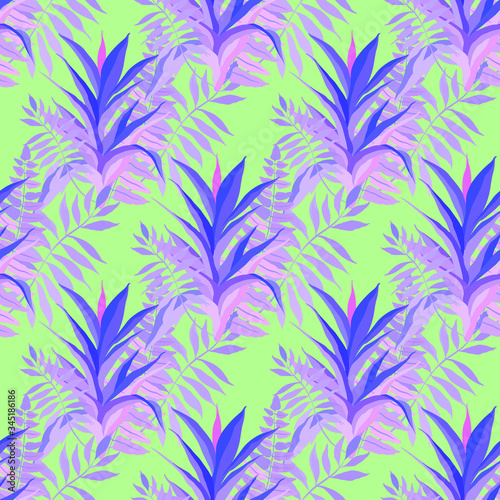 Modern abstract seamless pattern with creative colorful tropical leaves for design. Retro bright summer background. Jungle foliage illustration. Swimwear botanical design. Vintage exotic print. Vector © Natallia Novik
