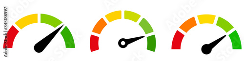 Speedometer, tachometer icon. Colour speedometer set. Scale from red to green performance measurement. Fast speed sign. - stock vector.
