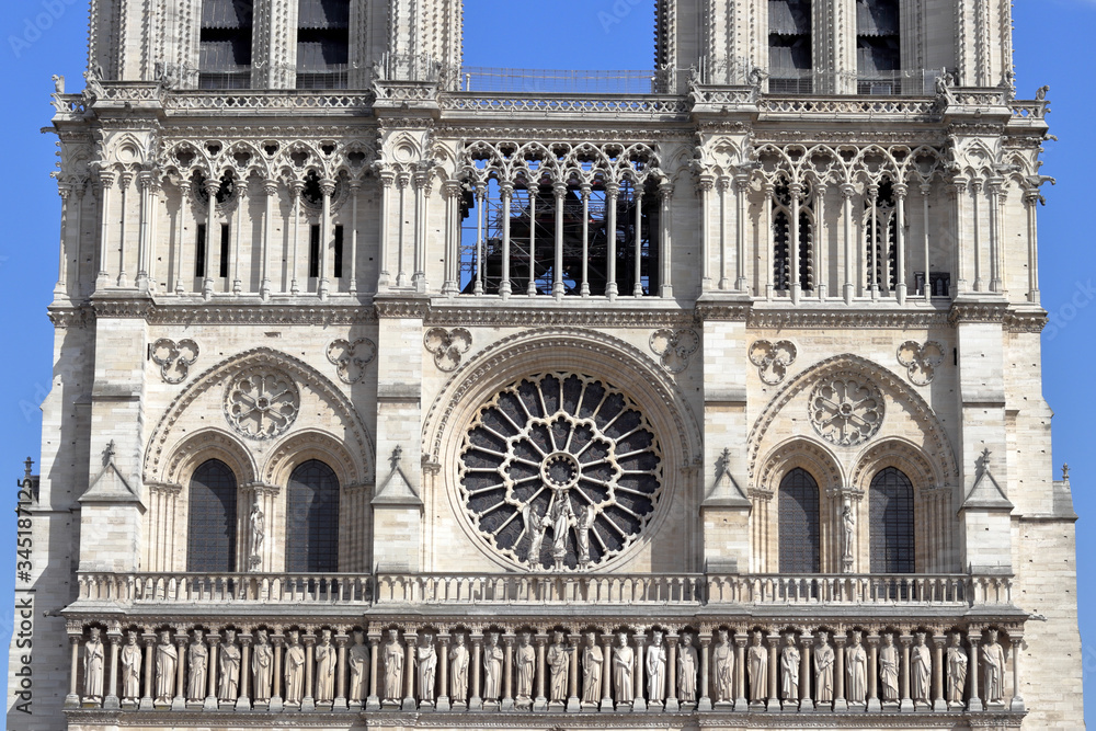 Front part of cathedral Notre Dame de Paris in 2019