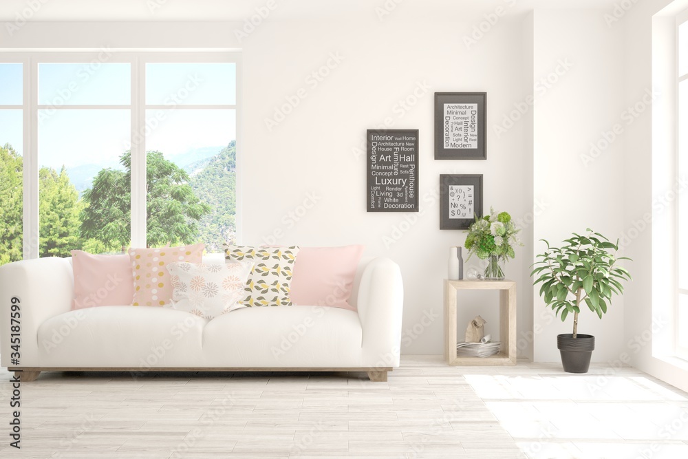 Fototapeta premium White living room with sofa and summer landscape in window. Scandinavian interior design. 3D illustration