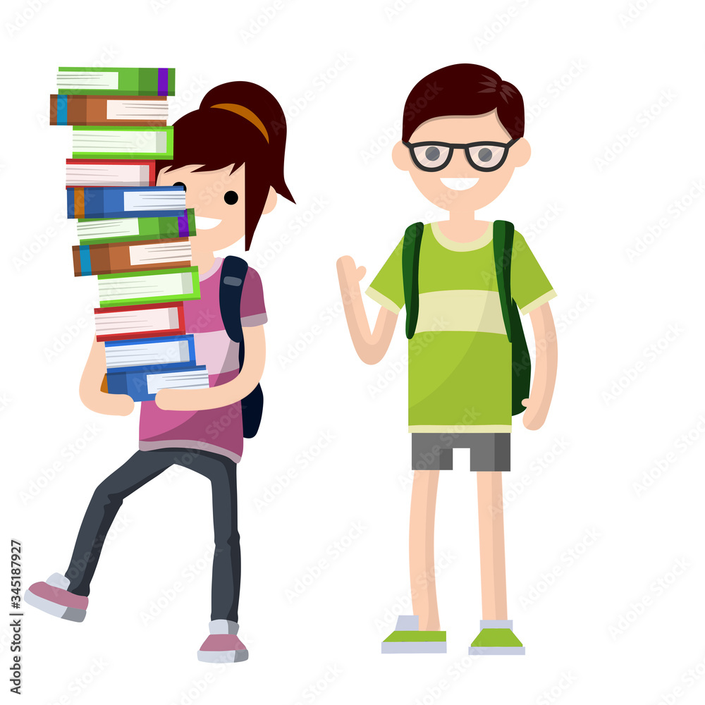 Young students with book and backpack. Boy and girl at school. Funny Couple. Woman carries heap of books. Education and studies Young students with book and backpack. Boy and girl at school. Funny Couple. Woman carries heap of books. Education and studies