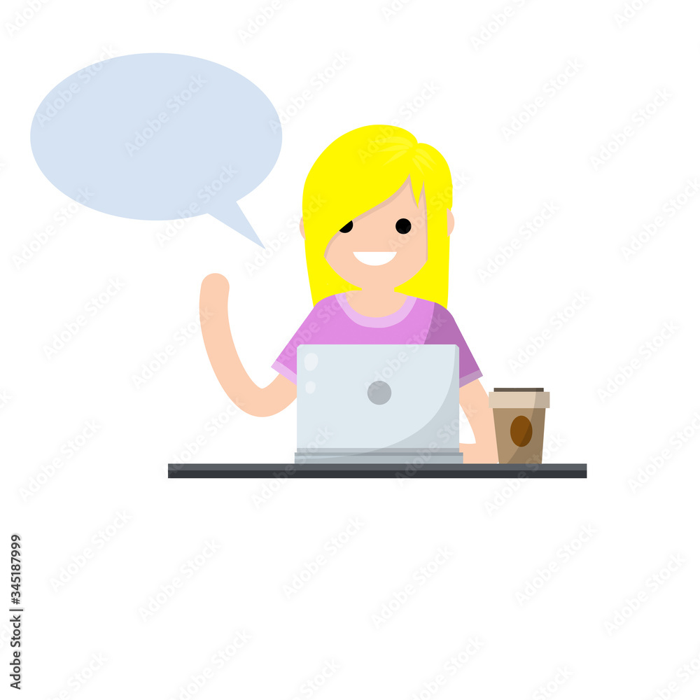 Woman with laptop. Smiling happy girl talking. Study and education. Bubble dialogue and advice. Cartoon flat illustration. Student at school. Work at computer and speech Woman with laptop. Smiling happy girl talking. Study and education. Bubble dialogue and advice. Cartoon flat illustration. Student at school. Work at computer and speech