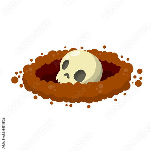 Hole in ground. Skull and bone of man in grave. Skeleton, burial and entombment. Scary element of Halloween. Cartoon flat illustration. Archaeology and excavations
