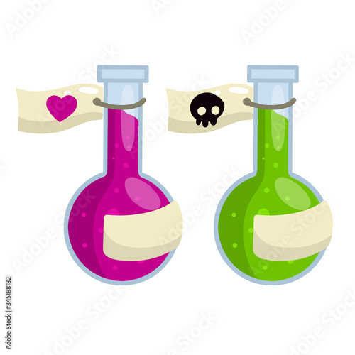 Flask of green poison. Liquid bottle. Medical preparation. Glass object and toxin. Cartoon flat illustration. Alchemical item