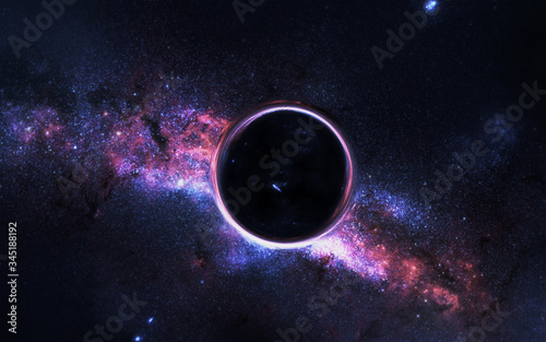 Fototapeta Naklejka Na Ścianę i Meble -  Black hole somewhere in space with far galaxy on the background. Dramatic space background. Science fiction. 3D rendered illustration