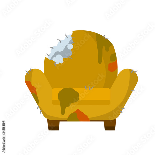 Broken chair. Old armchair. Cartoon flat illustration. Torn fabric and patches on the furniture