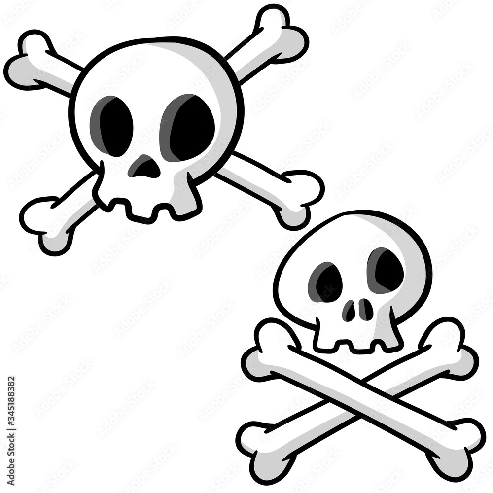 Human skull and crossbones. Dead man's head. Pirate flag Jolly Roger. Funny cartoon flat illustration. Set of symbol of robbers and Halloween