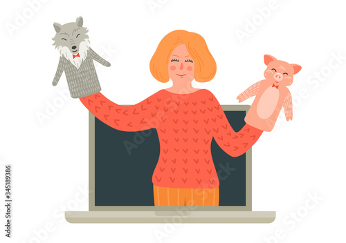 Online puppet theatre show. Woman on laptop screen tells  folk fairy-tale about wolf and pig. Distance children entertainment.