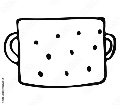 Linear casserole in hand drawing style. Bowl for cooking decorated in crusts. vector dishes on a white background. A graphic element of kitchen appliances for icons, logos and restaurant menus.