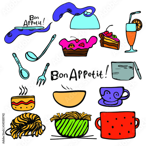 Vector set with food elements. Pots, cups, and spoons on a white background. The lettering of the words "Bon Appetite!" Vector elements for design.