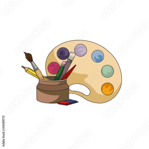 Set of painter including brushes, pencils, an eraser and a palette on white isolated background, vector illustration for logos and prints on types of clothes, covers of note and notebooks.