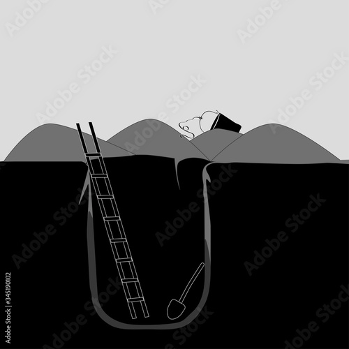 Deep pit with stairs. Vector illustration.